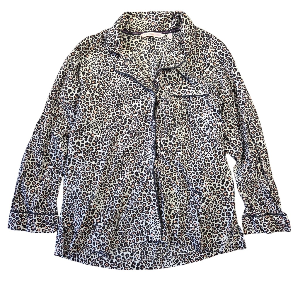 Victoria's Secret Leopard Print Pajama Top Cotton Button Down Tan Black S Lounge